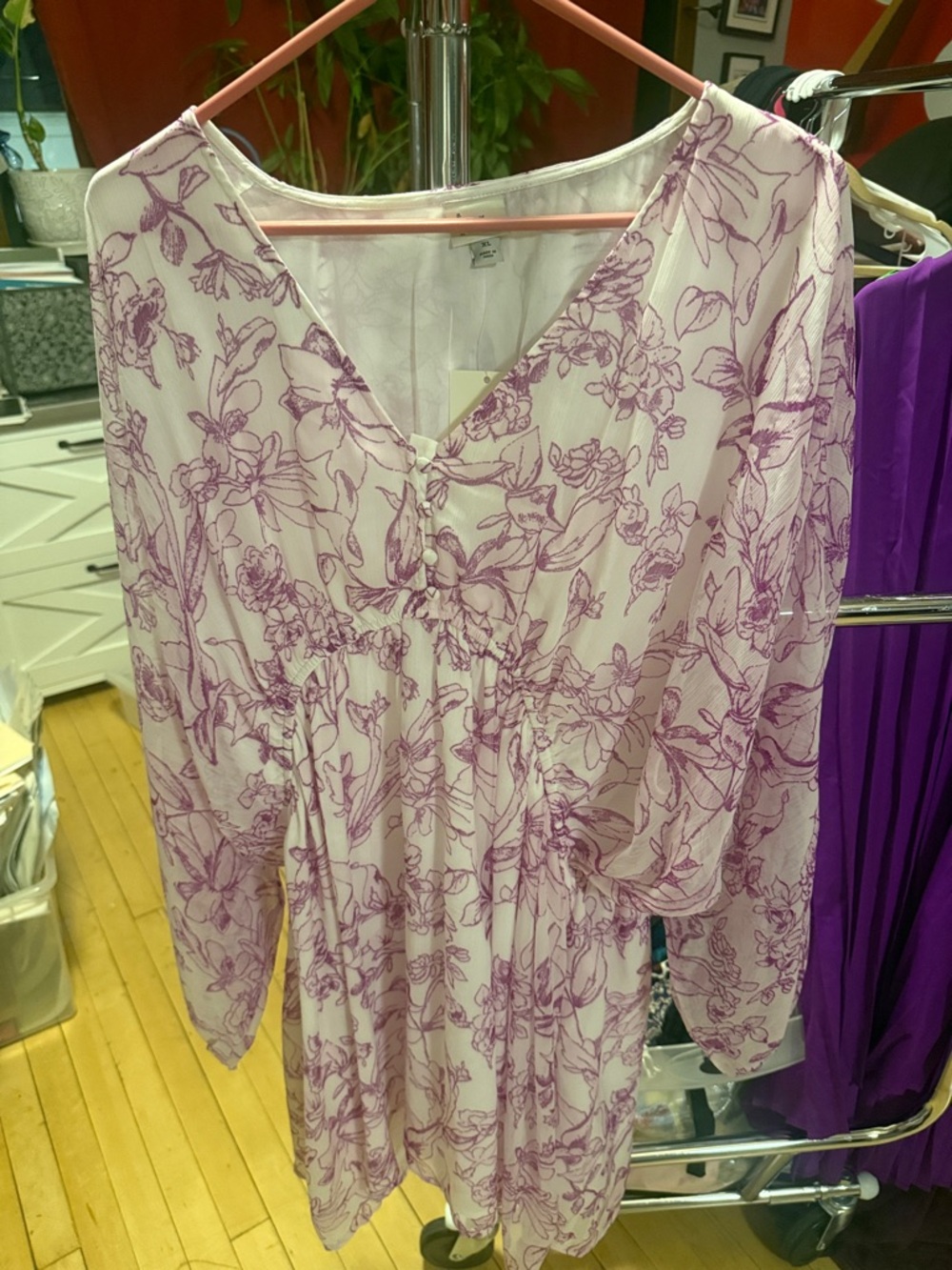 a new day White and Lavender Floral V-Neck Long Sleeve Dress